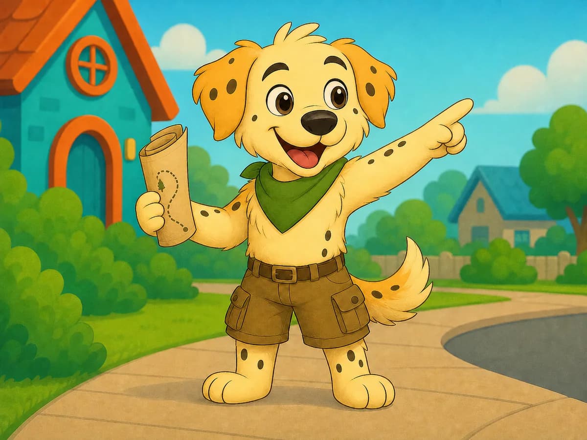 Benny, a golden retriever–Dalmatian mix puppy in a green bandana, holding a quest map and pointing ahead
