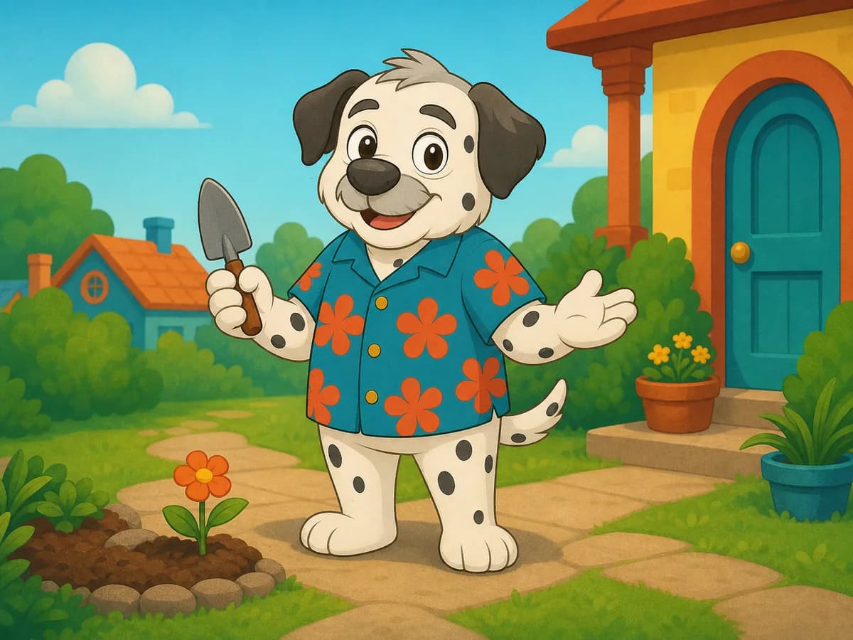 Papa Willie, an older Dalmatian in a teal Hawaiian shirt, holding a garden trowel beside his flowers